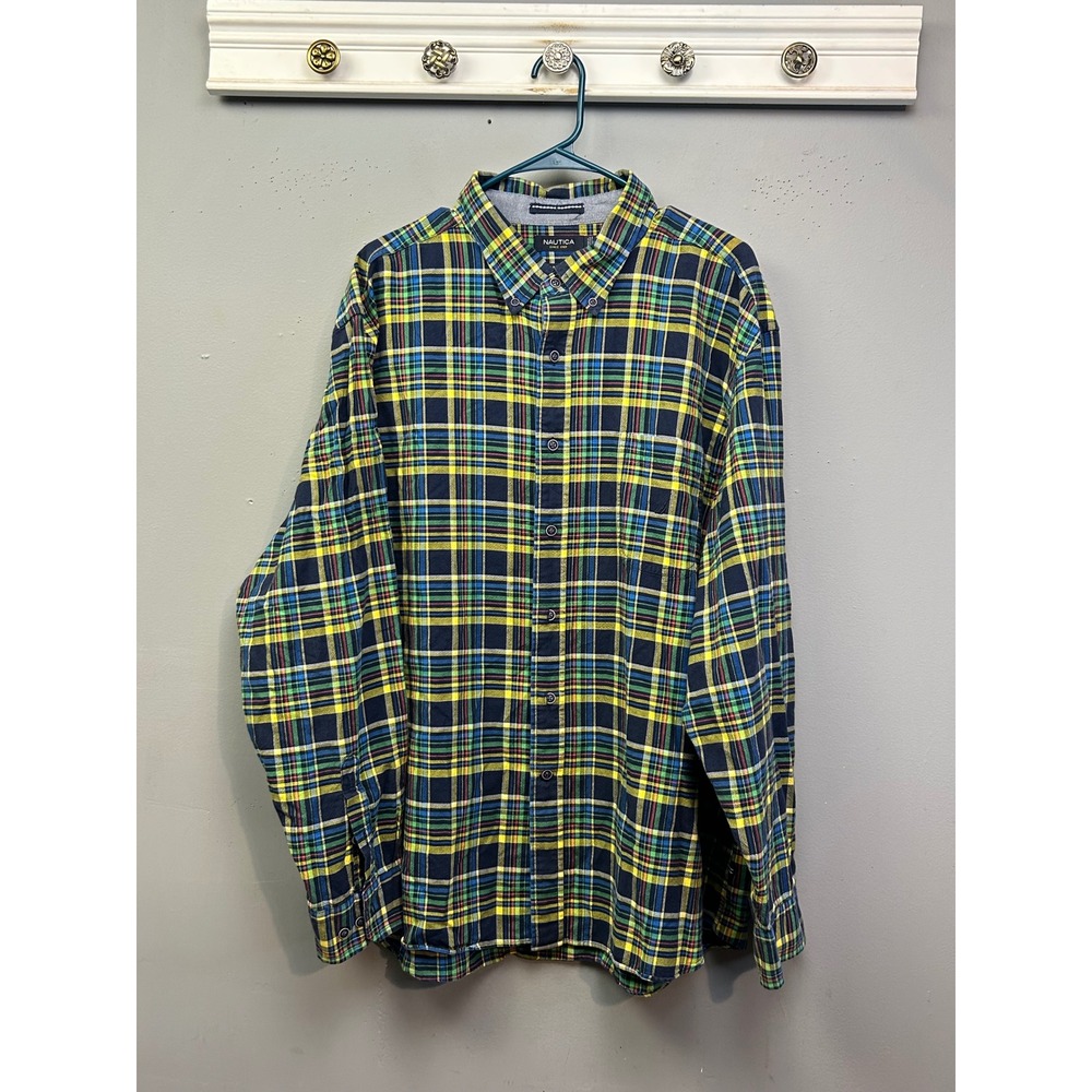 Nautica Button Down Shirt Mens XXL Yellow Blue Plaid Classic Fit Cotton Long Slv